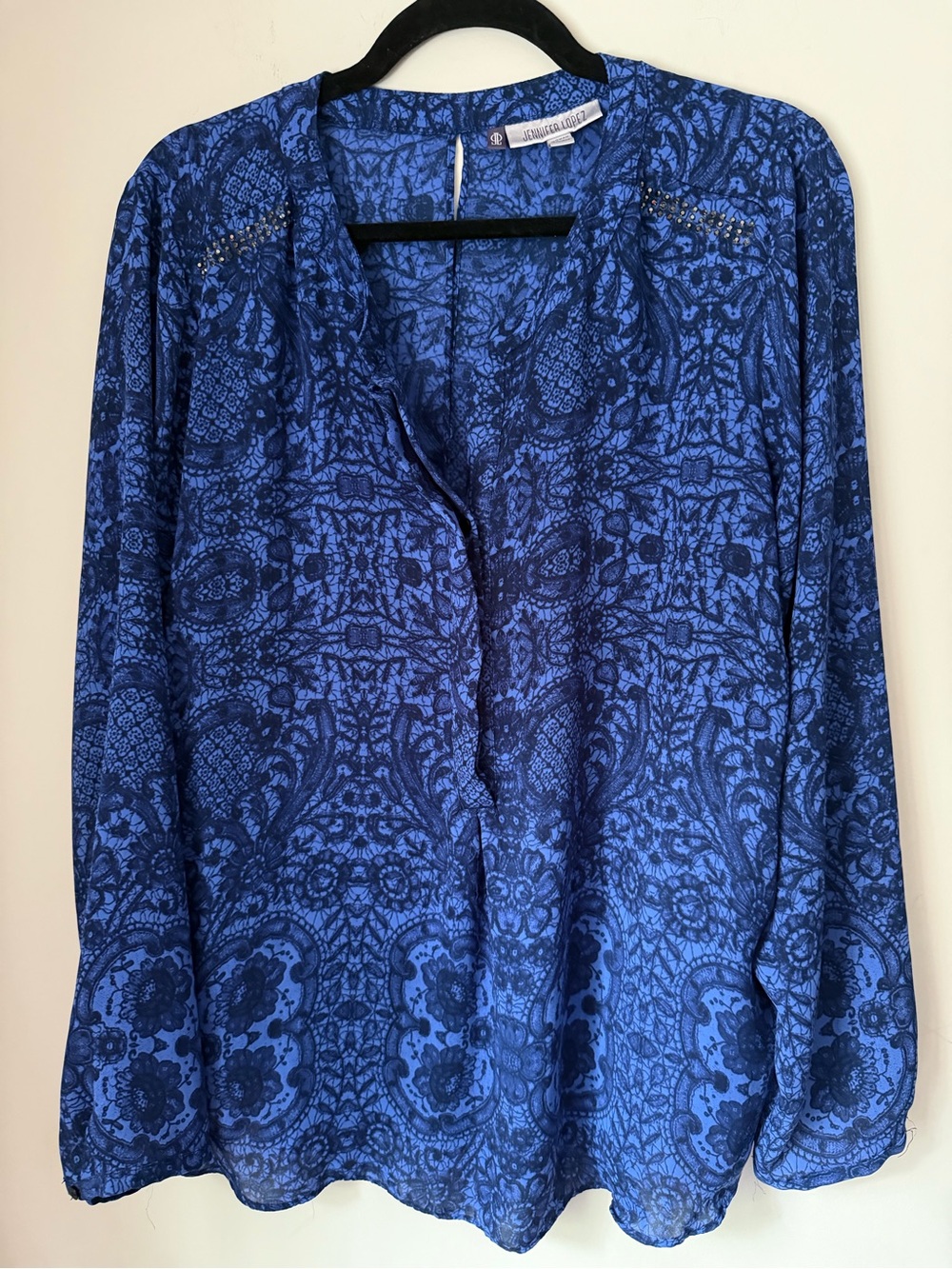 Jennifer Lopez 1X Blue Sheer Paisley Chiffon Blouse Studded Long Sleeve Top